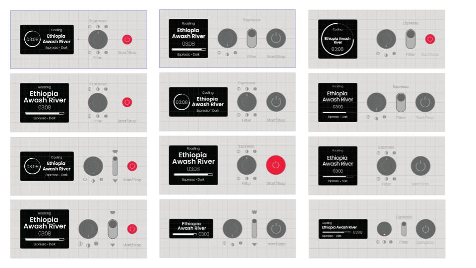 Early Labesera interface concepts exploring screen, dial and start button layouts for the roaster control panel
