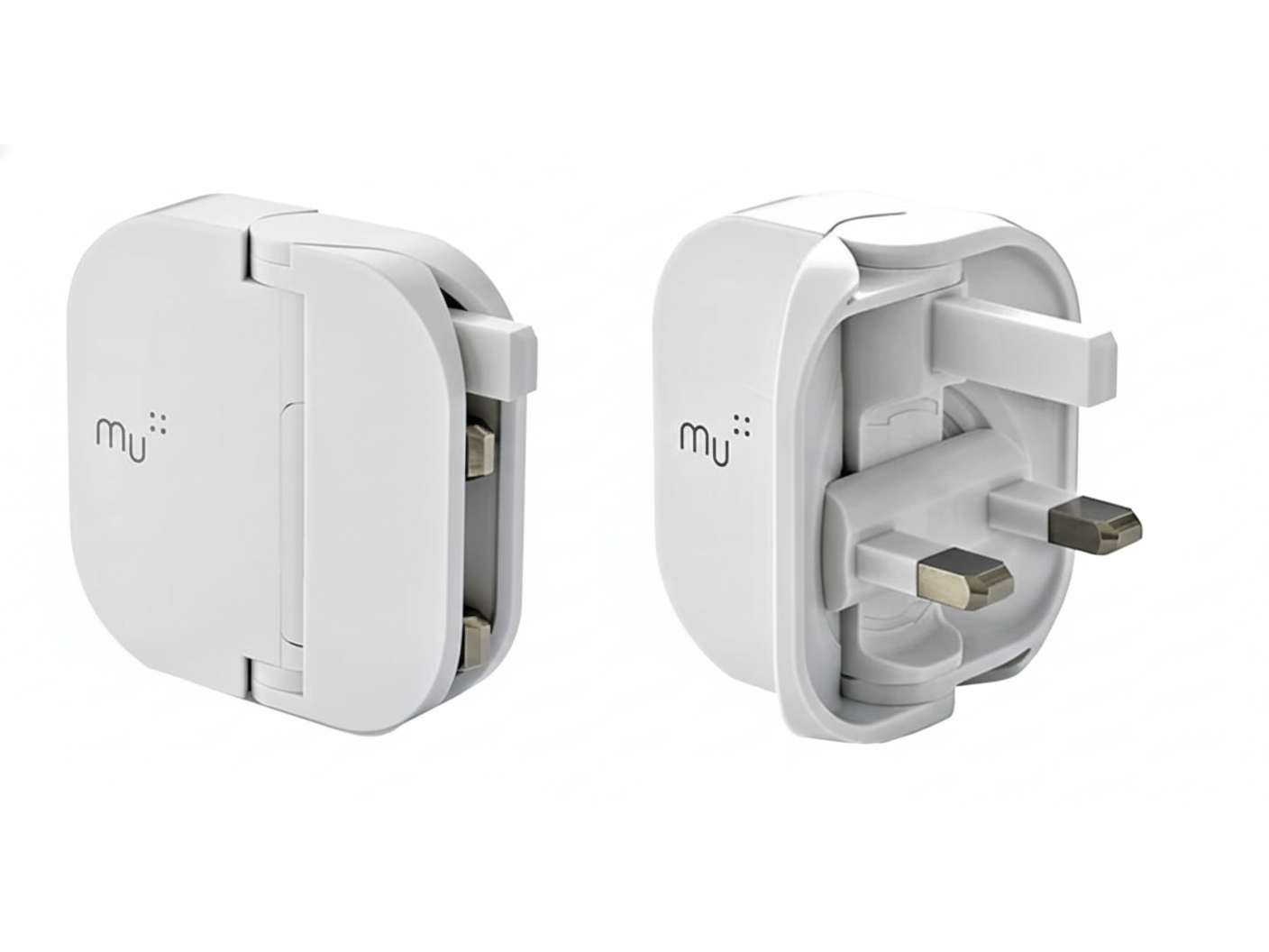 Two Mu folding plug units, one folded flat and one open with its three pins extended
