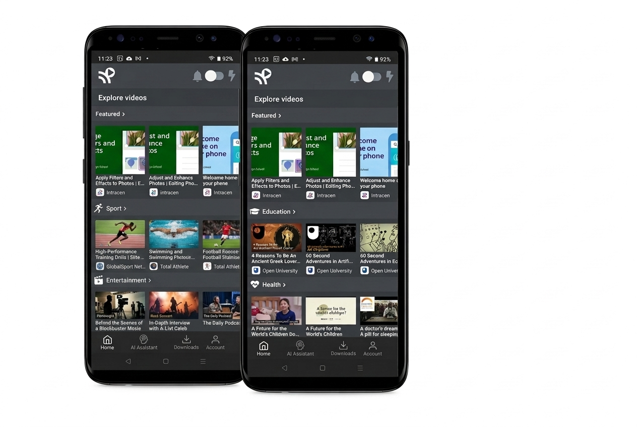 BuffaloGrid offline video app, showing entertainment, sport, education and health content