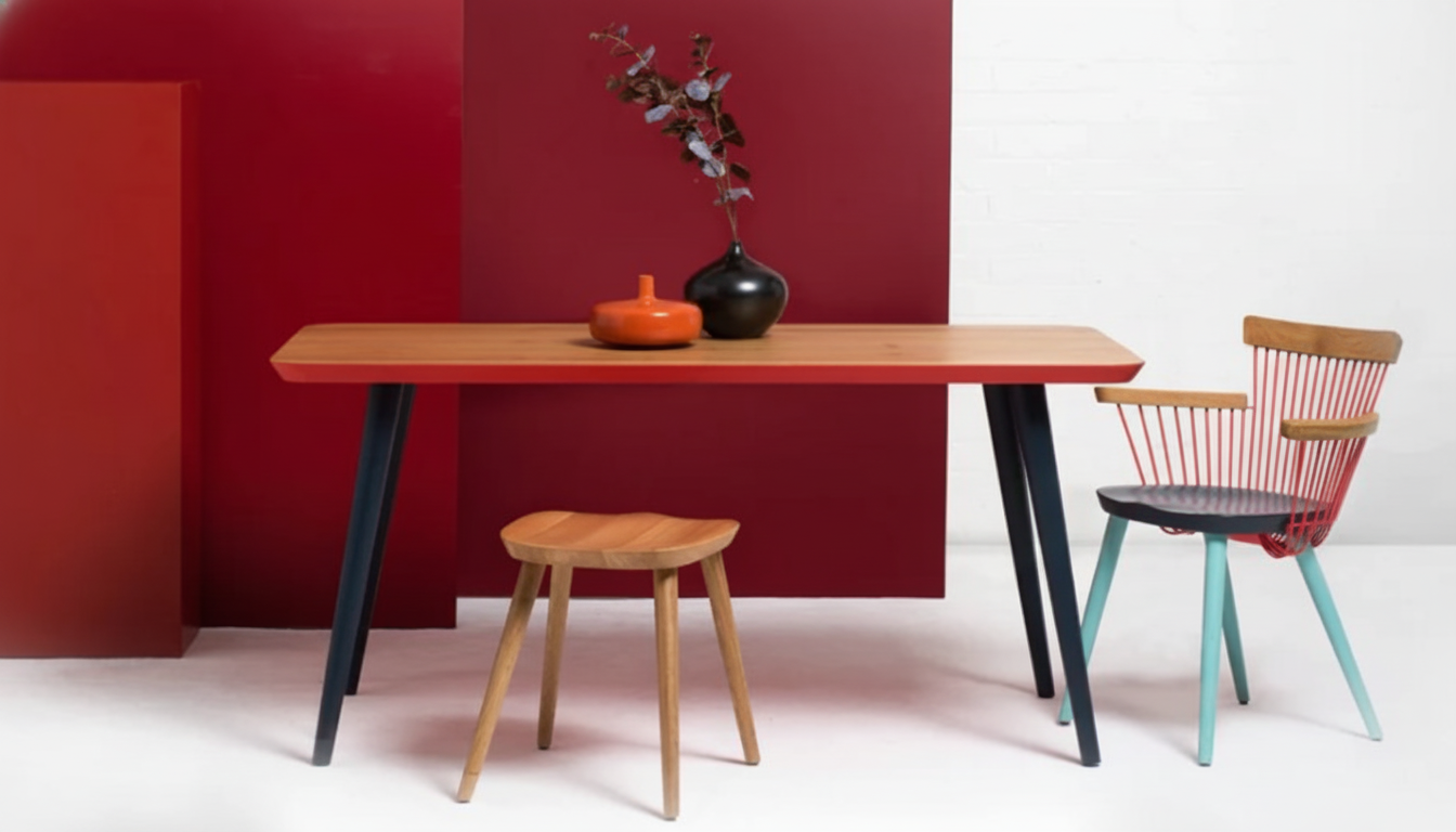 Hayche dining table, three-legged stool and spindle-back chair in a studio setting