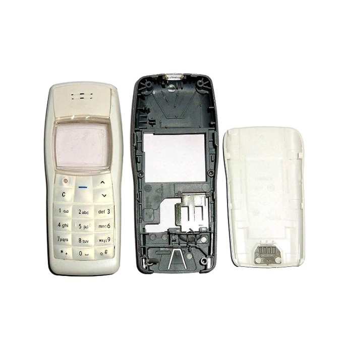 Nokia 1100 single-piece silicone keypad, central chassis and rear cover shown separately