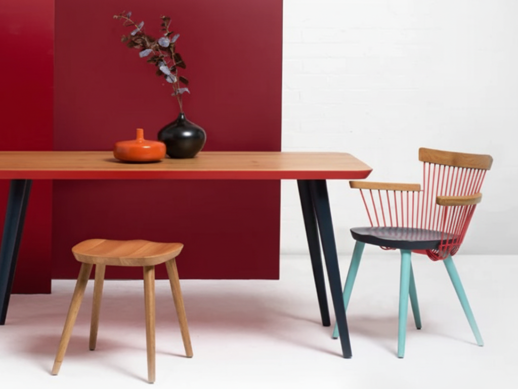 Hayche dining table, three-legged stool and spindle-back chair in a studio setting