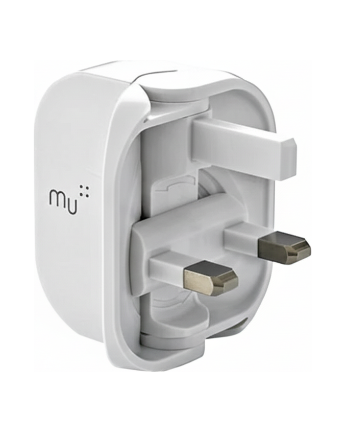 Two Mu folding plug units, one folded flat and one open with its three pins extended