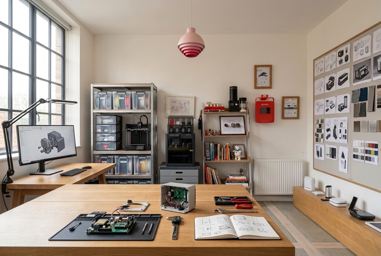 PD Hive studio: an assembly bench with circuit boards, tools and design sketches, a CAD workstation by a grid window, 3D printers on metal shelving and a wall of concept sketches and material samples