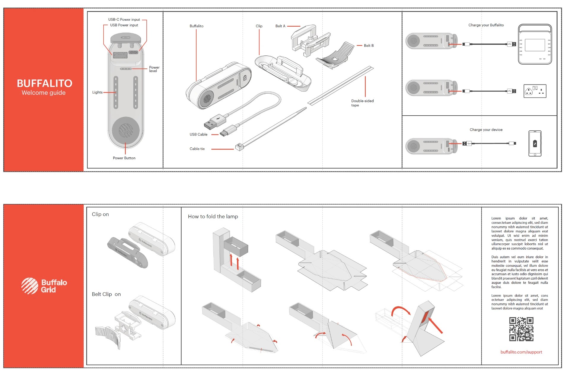 Buffalito handheld power bank and lamp by BuffaloGrid, welcome guide showing its parts and how the box folds into a lamp