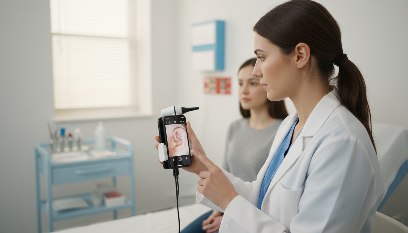Doctor viewing an ear examination on a smartphone fitted with the Cupris otoscope attachment